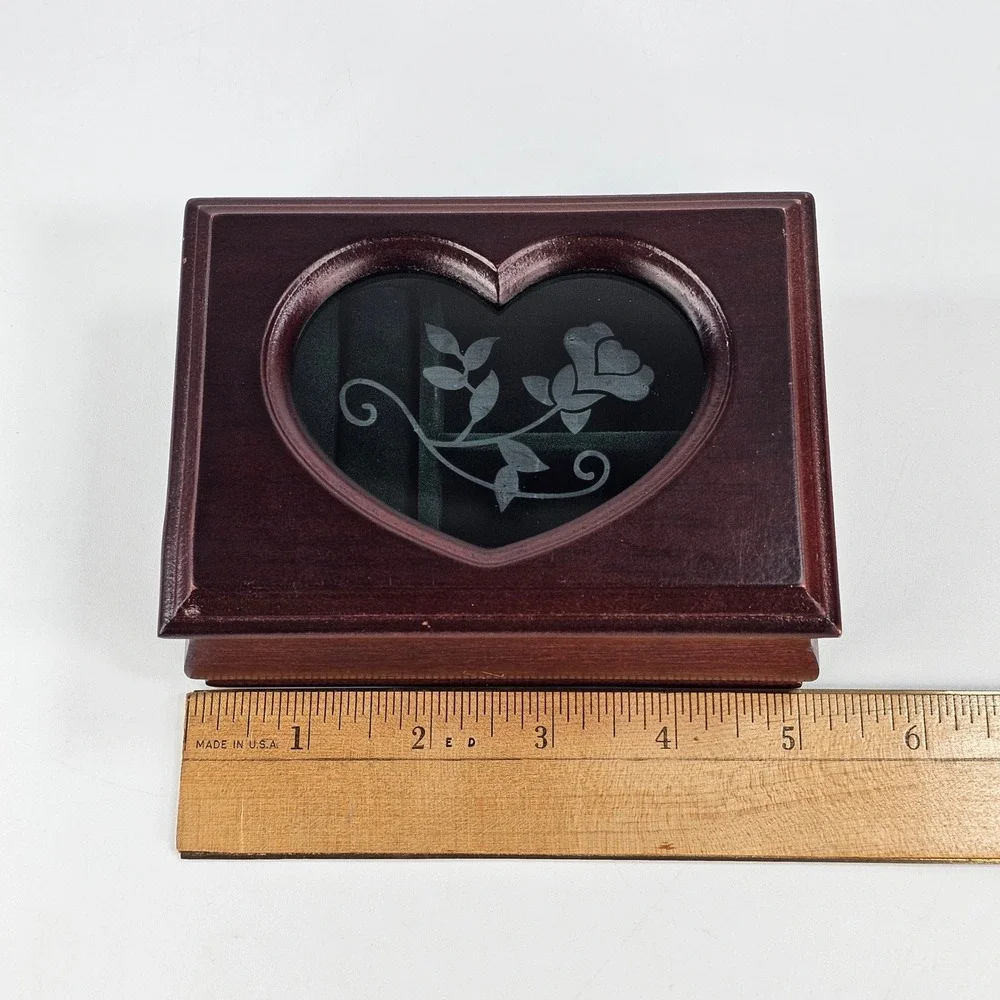 Vintage Wooden Heart Rose Etched Glass Jewelry Box Mahogany Tone Christmas 2000